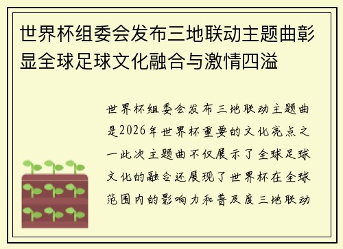 世界杯组委会发布三地联动主题曲彰显全球足球文化融合与激情四溢