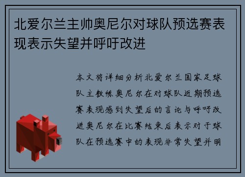 北爱尔兰主帅奥尼尔对球队预选赛表现表示失望并呼吁改进